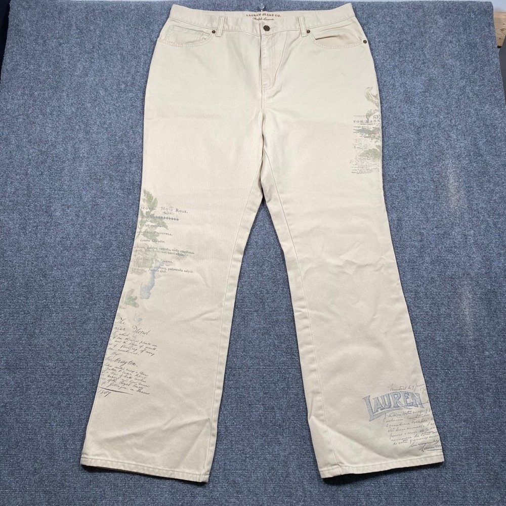 Vintage Ralph Lauren Jeans Womens 16 Graphics Print Boot Cut Beige Cotton